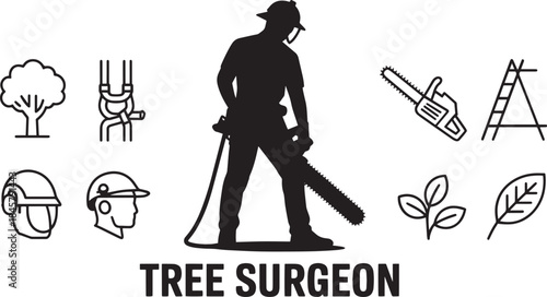 tree surgeon cutting tree with chainsaw, wearing safety gear and surrounded by tools