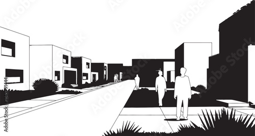 "Clean Architectural Vector Elevation Design with Modern Buildings and Urban Landscape"