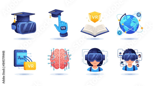 Virtual Reality Education Technology Icons Set.