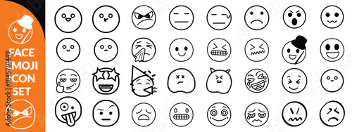Face emoji icon set. Hand drawn doodle sketch style happy, angry, sad mood face emoticon background. Funny cartoon characters smile, wink, kiss emoji