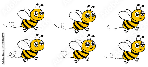 Adorable bee collection with dotted flight paths. Cute honeybee characters buzzing happily. Vector illustration isolated on white.
