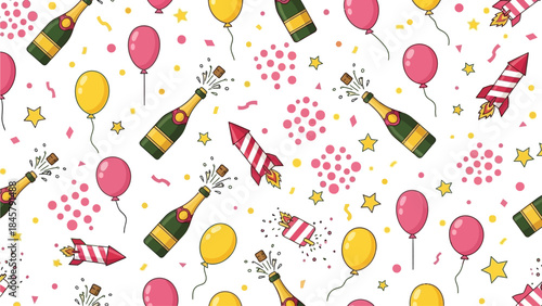 Celebrating the arrival of 2026 with a festive bottle of champagne, colorful balloons, and noisemakers, signifying joy and new beginnings