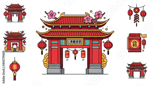 Traditional Chinese architecture and decorations for Lunar New Year celebration.