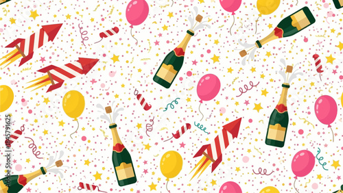 Celebrating the arrival of 2026 with a festive bottle of champagne, colorful balloons, and noisemakers, signifying joy and new beginnings