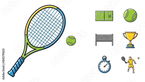 Tennis Racket Ball Court Net Trophy Stopwatch and Player Icons.