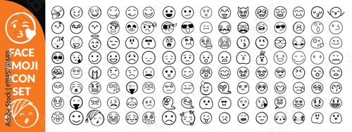 Face emoji icon set. Hand drawn doodle sketch style happy, angry, sad mood face emoticon background. Funny cartoon characters smile, wink, kiss emoji