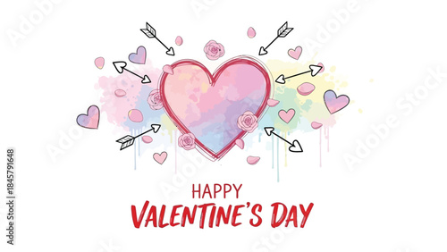 Valentine's day celebration with heart, arrows, and flowers on white background for love and romance