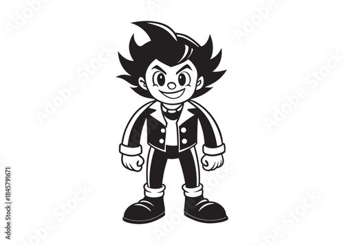 A black-and-white cartoon mascot character, full body, standing confidently. The character is a cheerful young boy with large expressive eyes, a wide friendly smile, and spiky hair pointing upward.