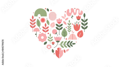 Heart shape formed by various pink flowers, green leaves and abstract shapes on white background, cute floral illustration for love
