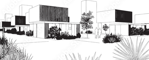 "Clean Architectural Vector Elevation Design with Modern Buildings and Urban Landscape"