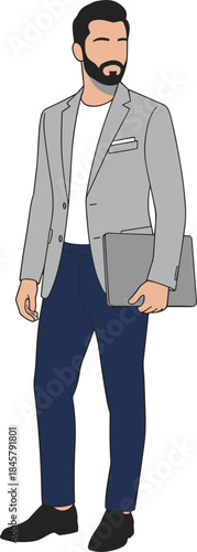 Business professional holding folder, clean vector illustration, modern office attire, minimal flat design, corporate character, cad drawing flat vector illustration