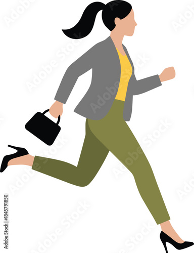 Businesswoman running illustration, urgency pose, high heels, handbag, multitasking, modern outfit, motion lines, dynamic action, vector art, stylish rush