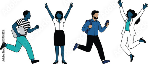 Celebrating people illustration, dynamic poses, diverse characters, success theme, casual outfits, jumping, running, excitement, achievement, teamwork, modern style, vector art
