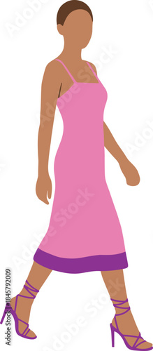 Modern fashion walking pose, stylish dress, minimalist vector art, pink outfit, purple sandals, trendy look, cad drawing, flat illustration