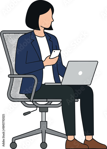 Office worker multitasking illustration, ergonomic chair, smartphone, laptop, remote work, digital tools, modern outfit, seated pose, productivity, vector art