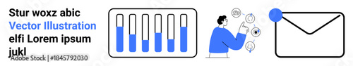 Bar chart, person interacting with icons, and envelope. Ideal for analytics, communication, email marketing, concept design, teamwork, online interaction and a simple landing page