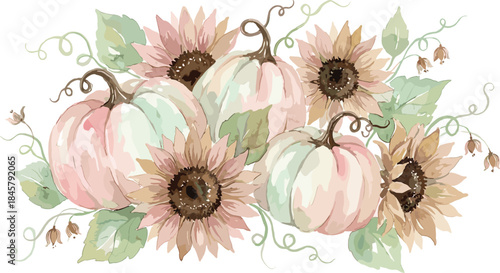 Pastel pumpkin and sunflower illustration, watercolor style, autumn harvest decor, soft colors, vine leaves, seasonal theme, fall art, nature design