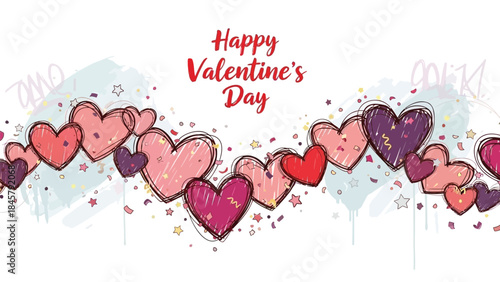 Colorful heart shaped balloons in pink, purple, and red hues with sparkles and stars on white background for valentine's day celebration