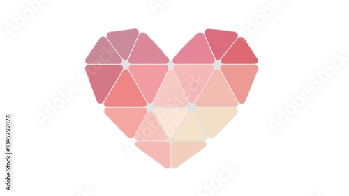 Geometric heart shape formed by multiple pink and peach colored polygons on white background