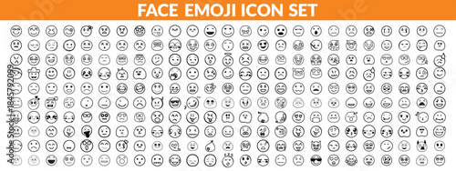 Face emoji icon set. Hand drawn doodle sketch style happy, angry, sad mood face emoticon background. Funny cartoon characters smile, wink, kiss emoji