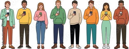 Smartphone user group illustration, casual fashion, digital lifestyle, mobile interaction, flat vector art, cad drawing, modern tech culture, youth behavior