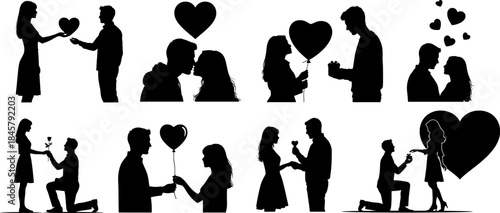 Romantic Couple Silhouettes with Love Gestures and Proposal