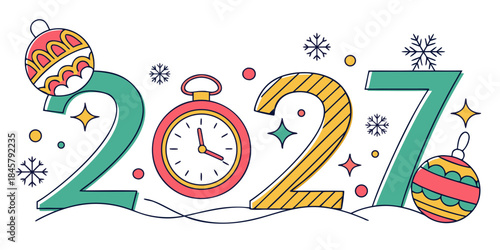 Holiday Greeting Card with Countdown Clock, Stylized 2027 Digits, and Festive Decorations for New Year Celebration