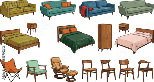 Stylized furniture collection illustration, modern home decor, colorful sofas, beds, chairs, wardrobe, flat vector art, cad drawing, interior design