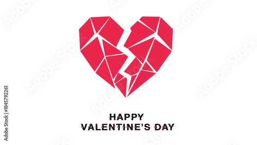 Broken heart graphic with happy valentine's day text on white background, cracked red heart symbol