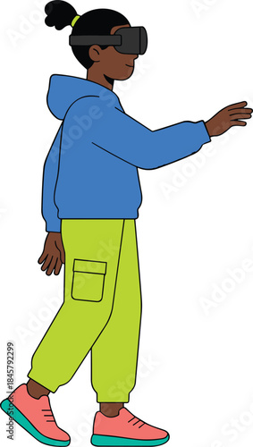 Virtual reality user in headset, blue hoodie, green pants, red sneakers, immersive tech, gaming, interaction, VR experience, digital future, motion