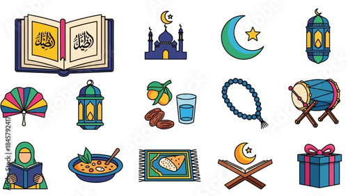 Ramadan Islamic Icons Set Collection Religious Symbols.