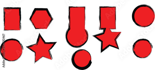 A collection of red shapes with black outlines on a white background including stars and various geometric forms
