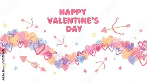 Valentine's day celebration with colorful hearts, arrows, and stars on white background for love and romance