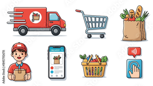 Online Grocery Shopping and Delivery Service Icons.