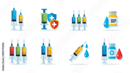 Medical Syringe and Vaccine Vial Collection Icons.