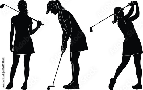 Women Golfer Silhouette Set – Swing Putting Poses Golf Vector Illustration