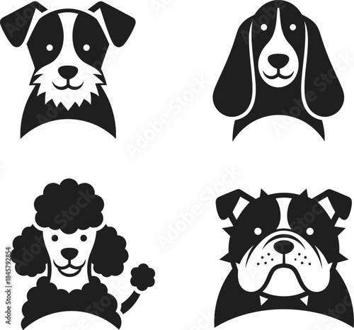 Dog Head Silhouette Icons Set – Schnauzer Basset Hound Poodle Bulldog Vector