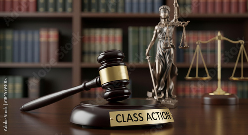 Class action lawsuit gavel and scales of justice in a courtroom library setting