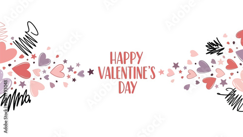 Happy valentine's day greeting card with pink and red hearts, stars, and scribbles on white background