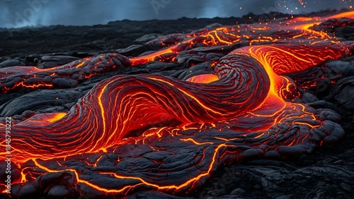 Molten lava flows with vibrant orange glow on dark volcanic rock formations