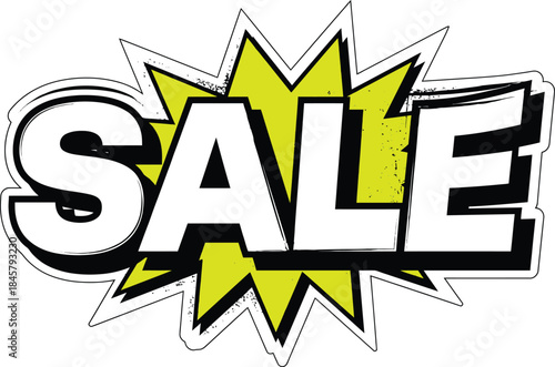 Retro Comic Style Sale Sticker Illustration with Green Starburst Background and Thick White Outline