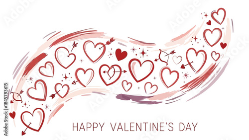 Valentine's day celebration with red hearts, arrows and stars on white background, festive illustration for love and romance