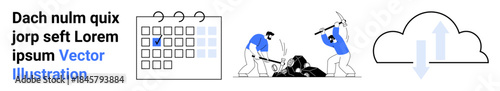 Time management, teamwork, cloud services, data analysis, task scheduling, project planning. Illustrated calendar, workers digging cloud download. Time management and teamwork concepts