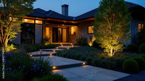 Wallpaper Mural Modern gardening landscaping design details. Illuminated pathway in front of residential house. Landscape garden with ambient lighting system installation highlighting flowers plants. Late evening  Torontodigital.ca