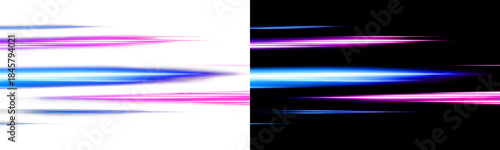 Abstract blue and purple neon light speed lines overlay with motion blur isolated on transparent background.