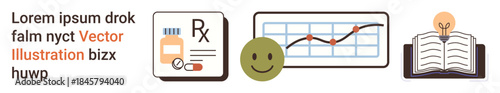 Healthcare, data analysis, education, progress, pharmacy, innovation. a medical prescription, growth chart happy face and book with a lightbulb. Healthcare and data analysis concept