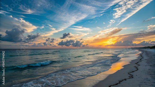 Fototapeta Naklejka Na Ścianę i Meble -  Vibrant sunset colors reflect on the tranquil ocean surface and white sand beach