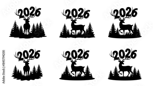 Deer silhouette with 2026 number and pine trees in forest landscape hunting season celebration symbol for new year winter holidays outdoor recreation