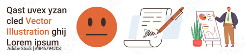 Emotional expression, communication, business presentations, paperwork, education, digital design. Neutral face, signed document and presenter by a chart. Communication and business presentations