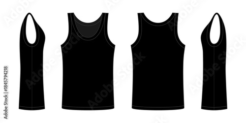 Black tank top with front back and side views. Casual cami top is perfect pattern for everyday wear flattering figure and adding feminine touch with design inspired by fitness and active wear